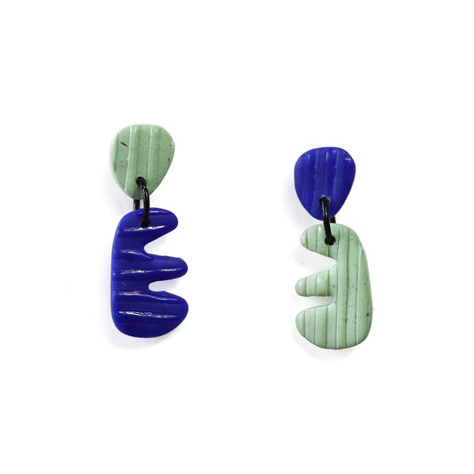 Blue And Sage Green Striped Mismatch Earrings