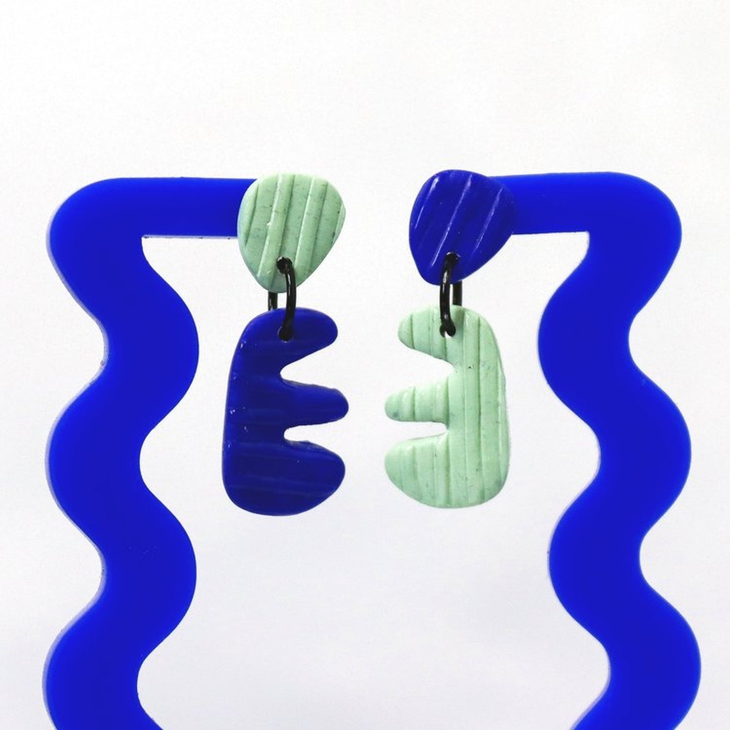 Blue And Sage Green Striped Mismatch Earrings