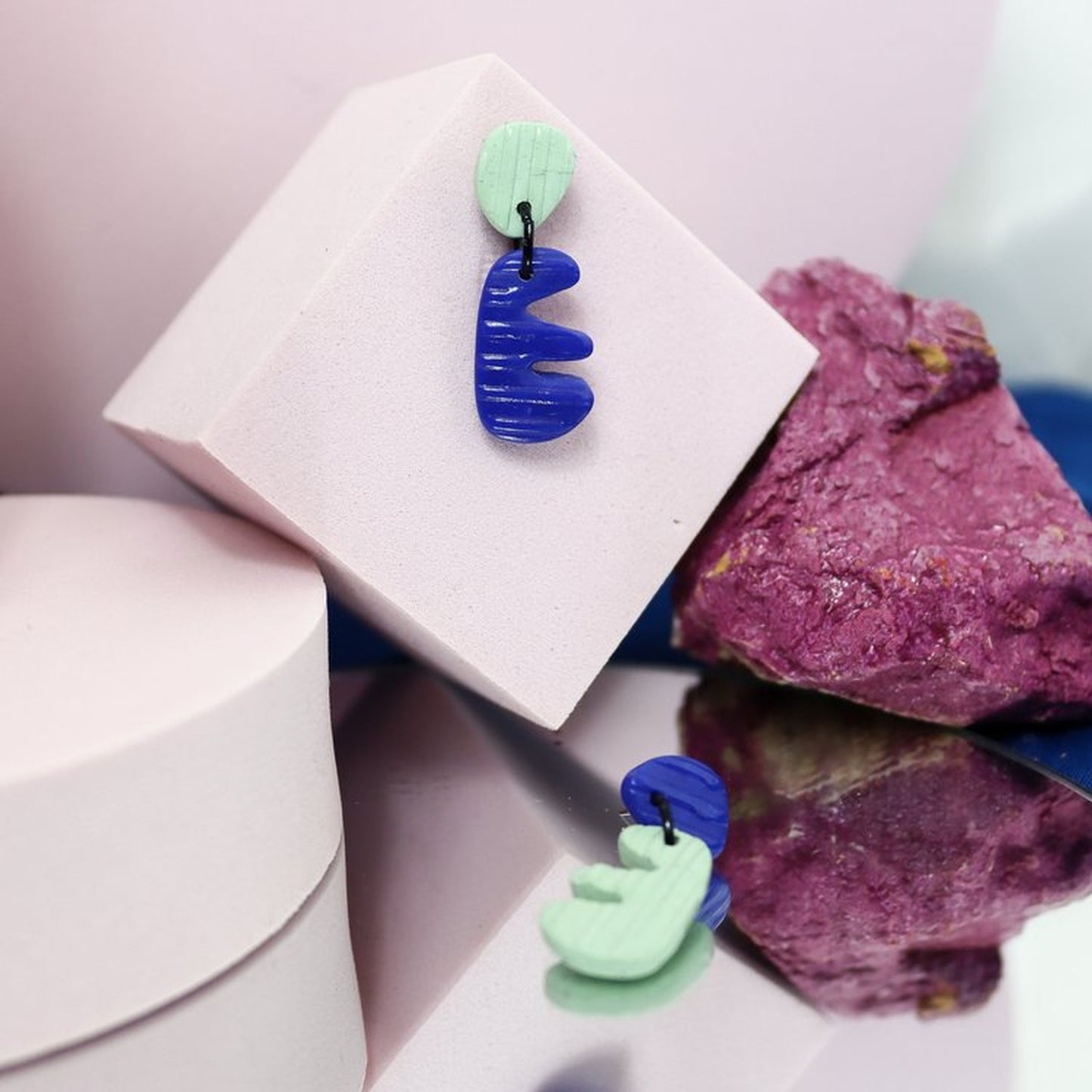 Blue And Sage Green Striped Mismatch Earrings