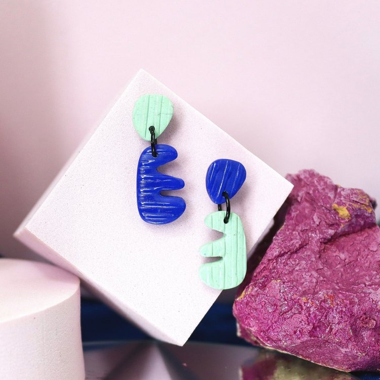 Blue And Sage Green Striped Mismatch Earrings