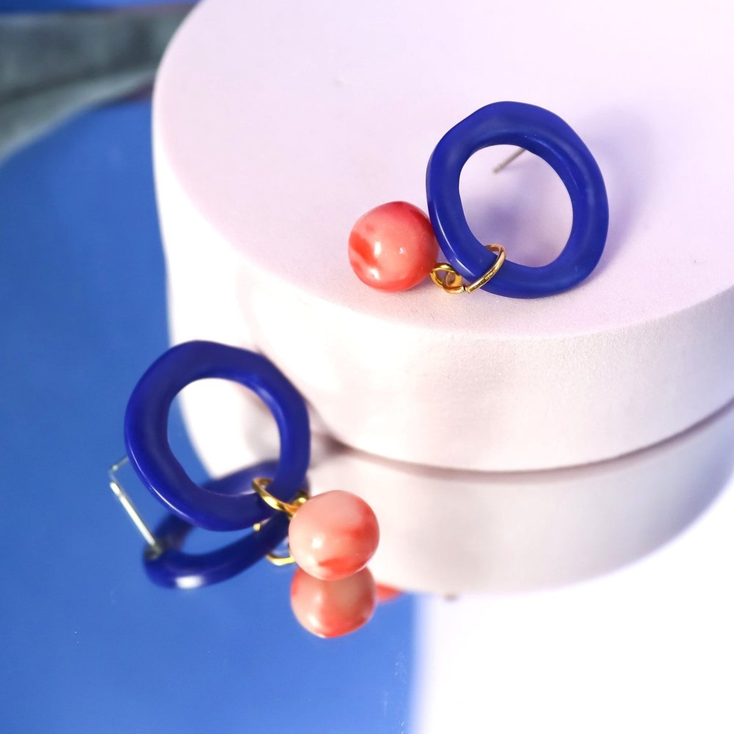 Blue Loop Dangles With Pink Marbled Bead