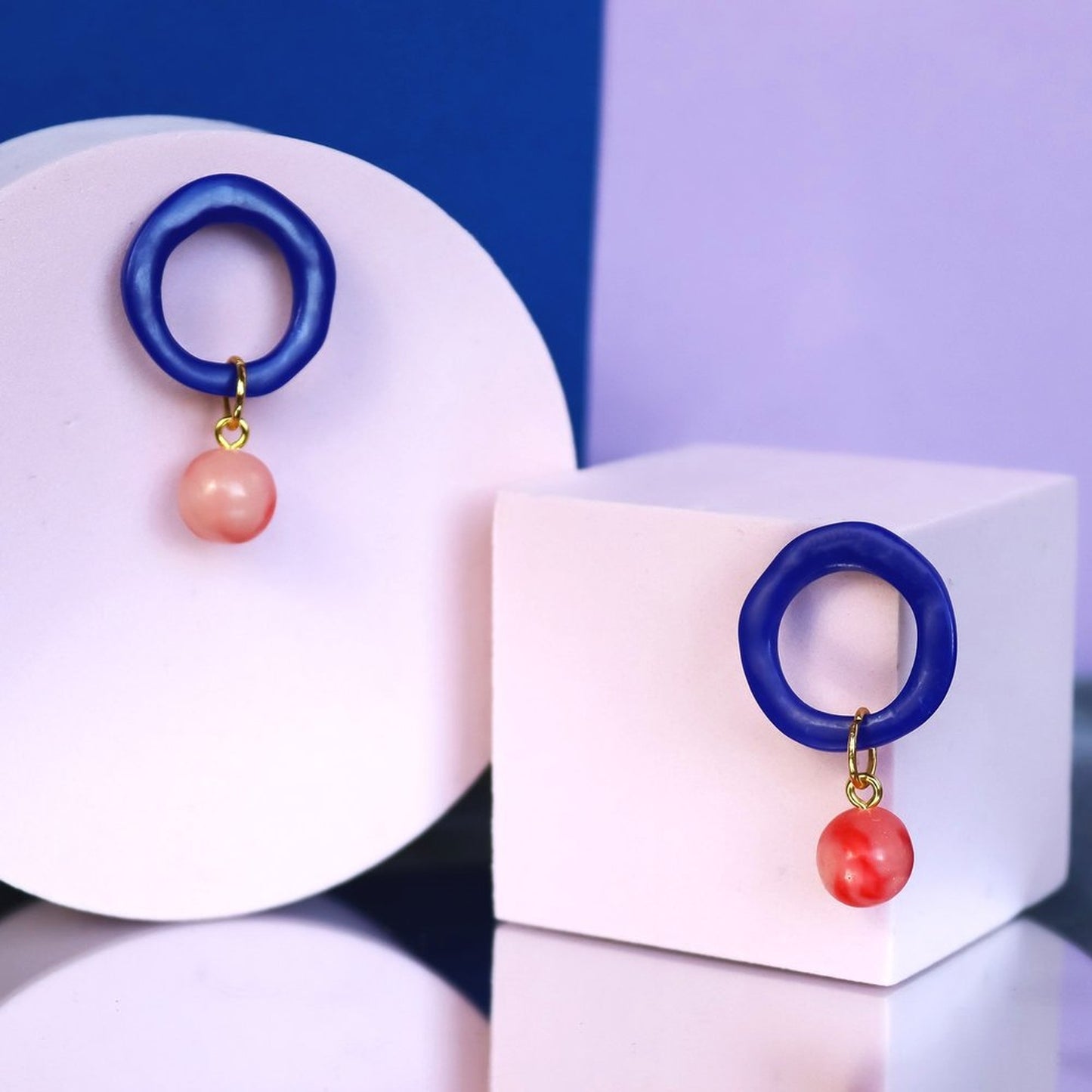 Blue Loop Dangles With Pink Marbled Bead