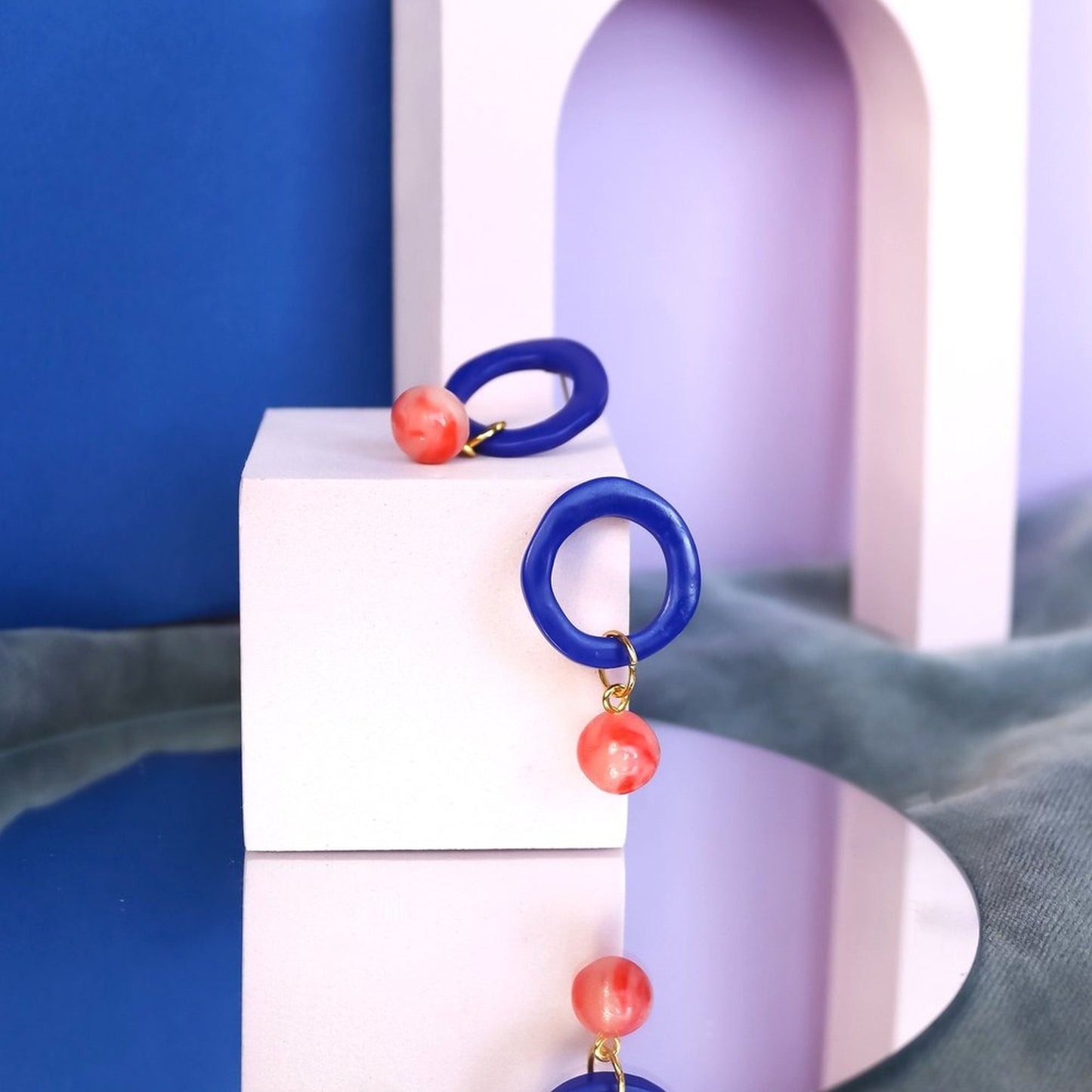 Blue Loop Dangles With Pink Marbled Bead