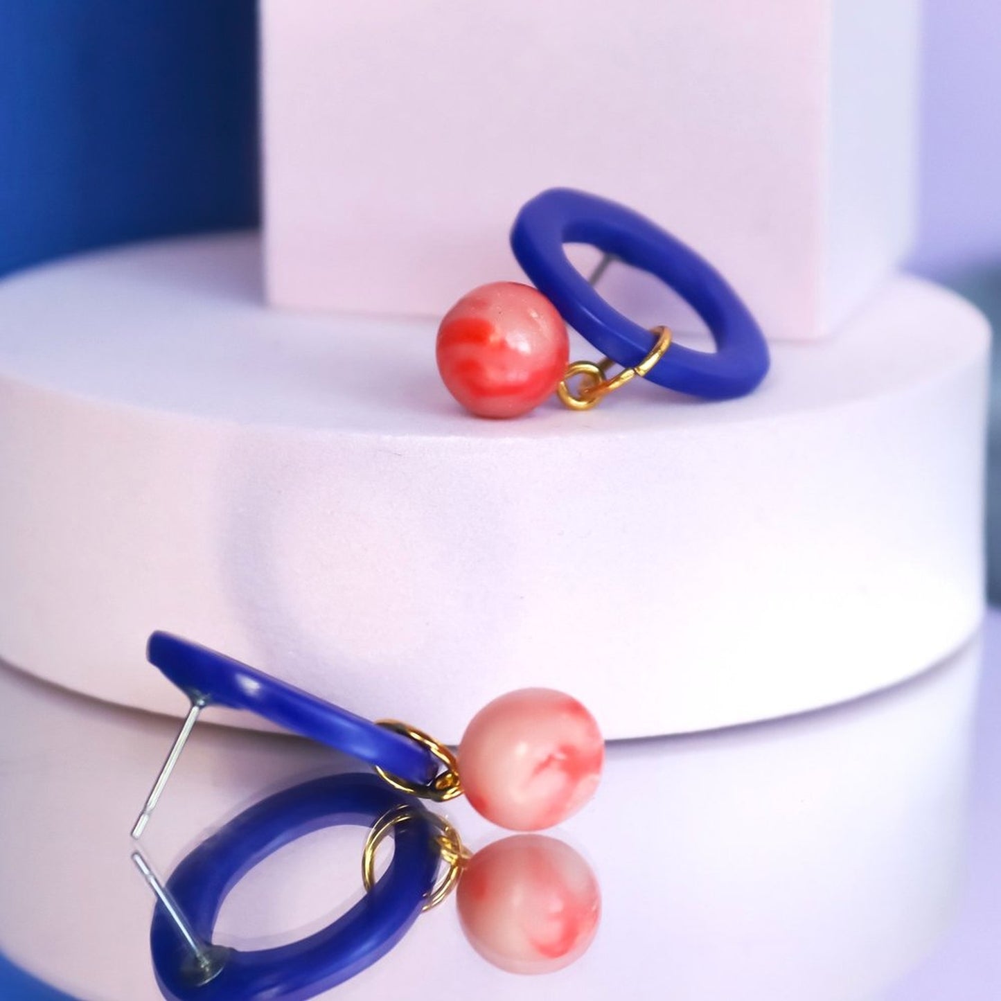Blue Loop Dangles With Pink Marbled Bead