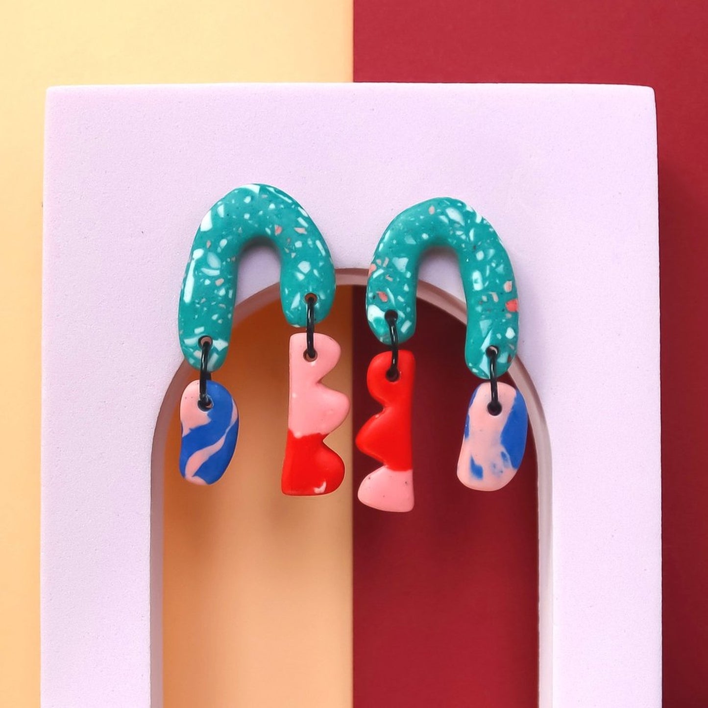 Colourful Green Jesmonite Arch Dangle Earrings