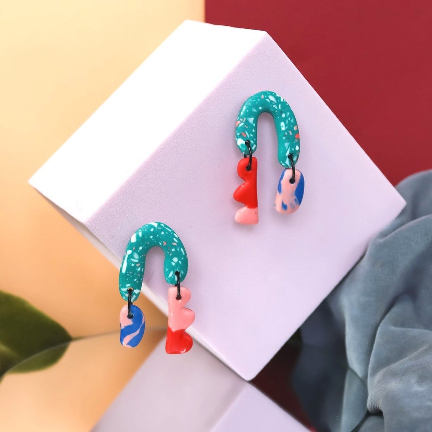 Colourful Green Jesmonite Arch Dangle Earrings