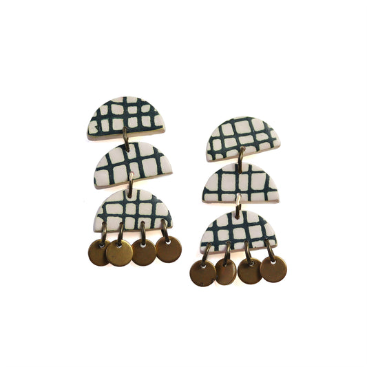 Green Checked Brass Earrings