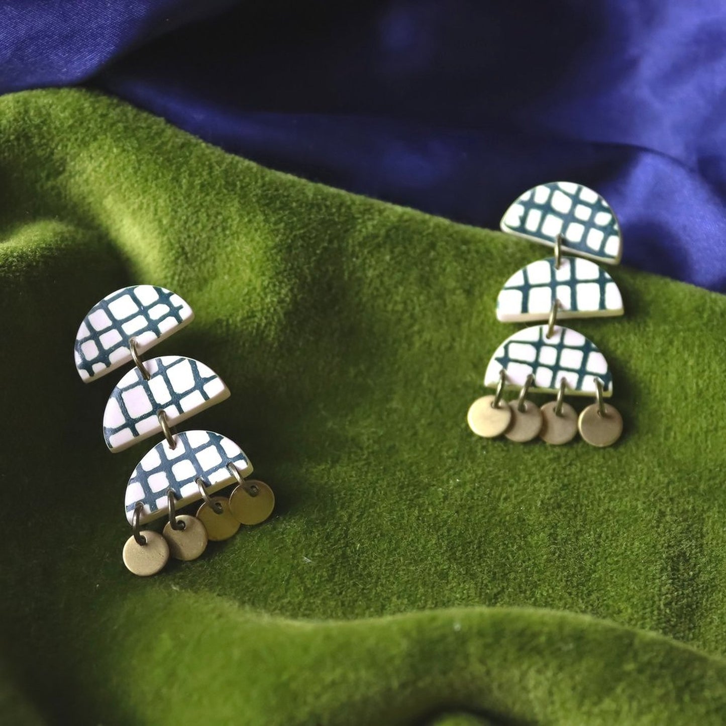 Green Checked Brass Earrings
