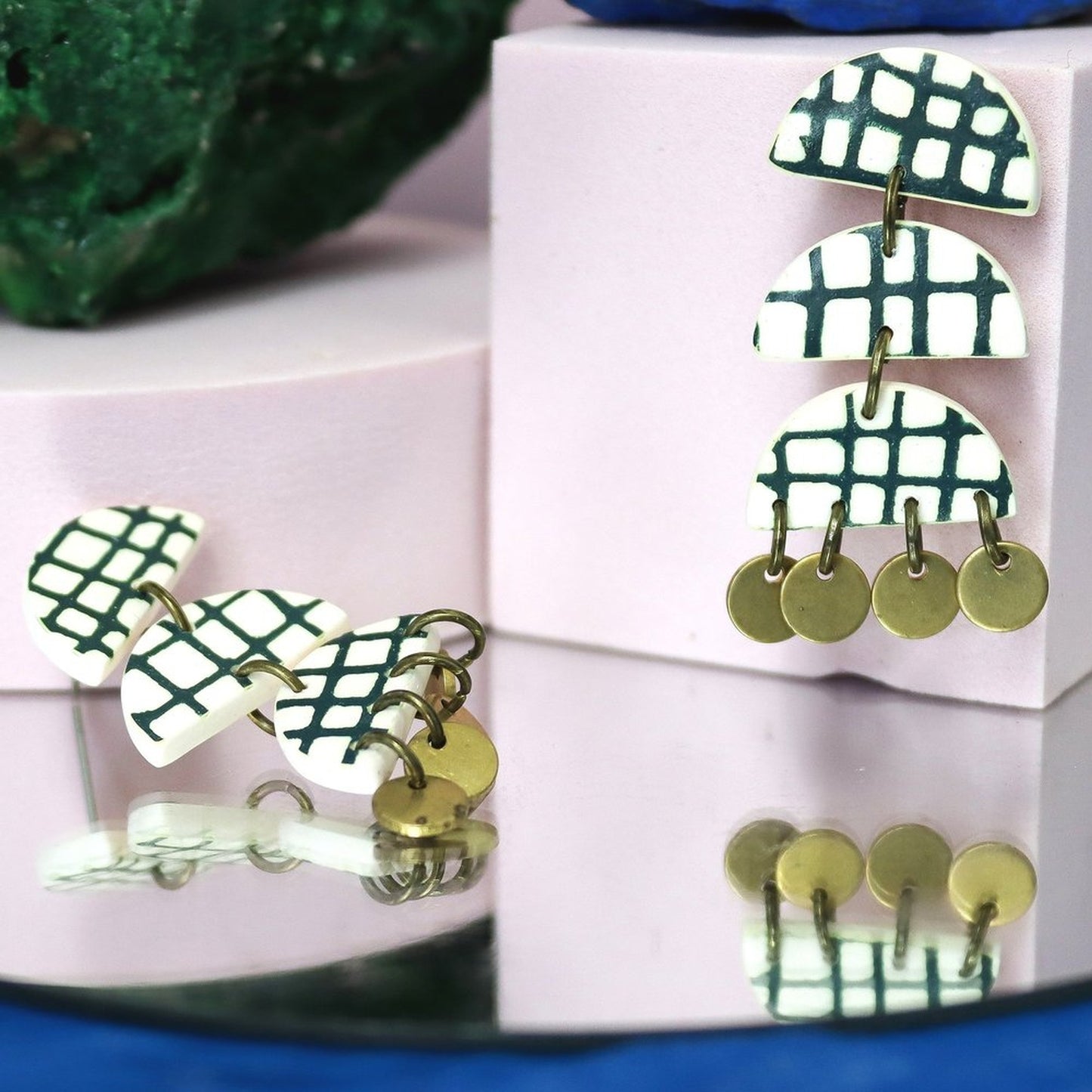 Green Checked Brass Earrings