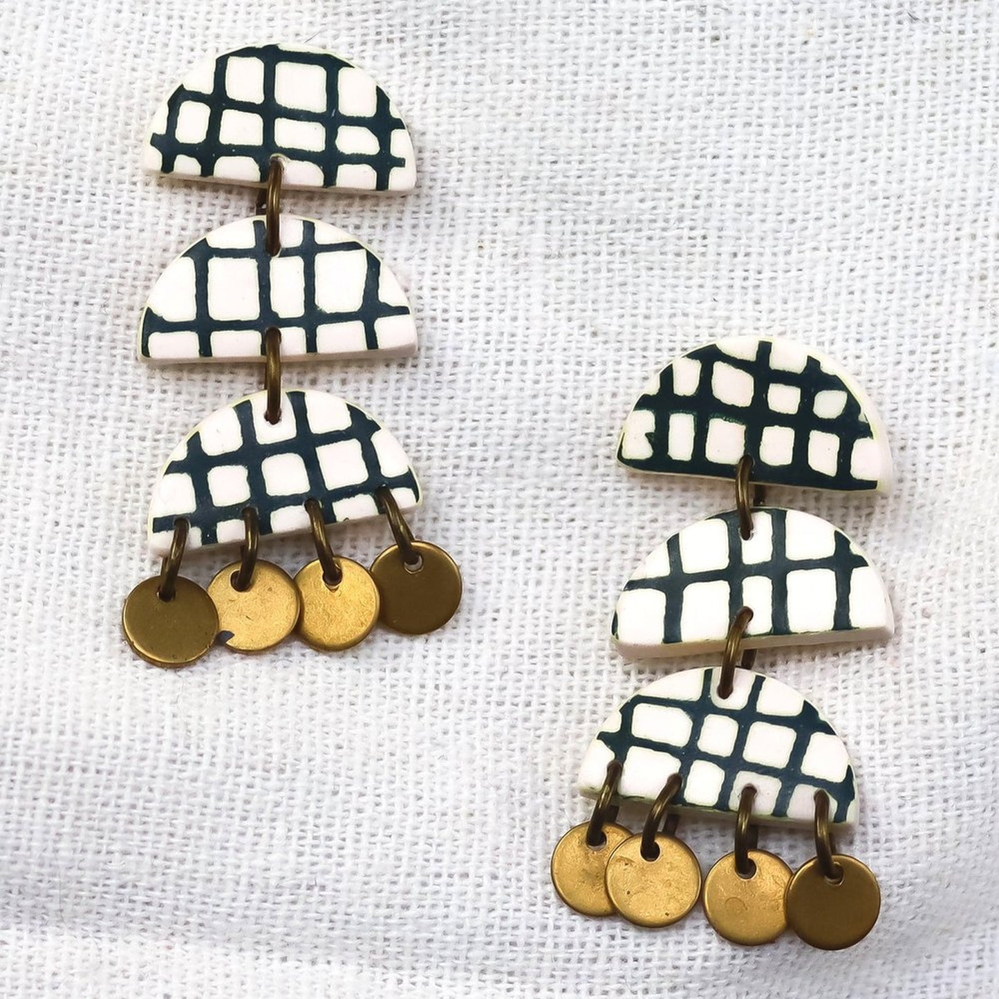Green Checked Brass Earrings