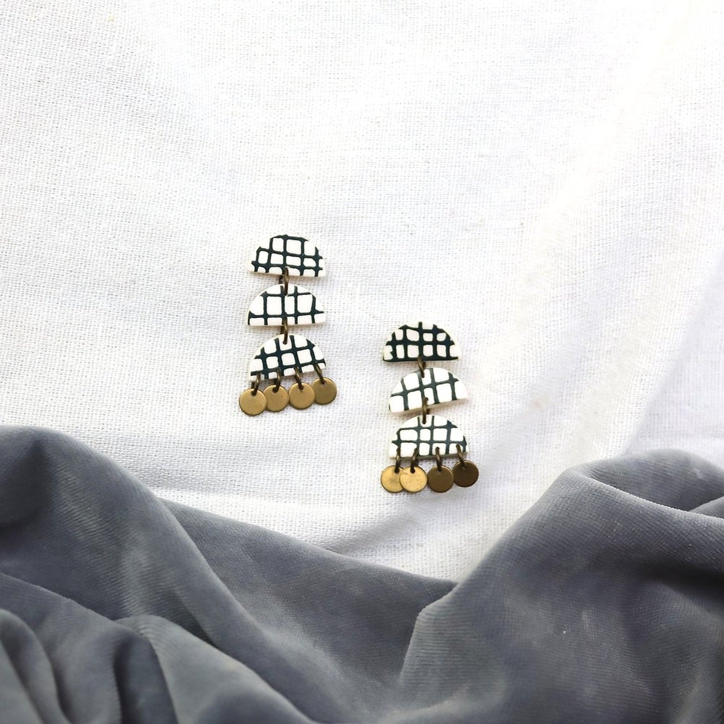Green Checked Brass Earrings