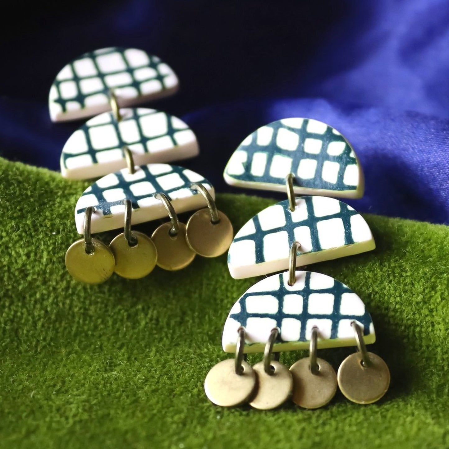 Green Checked Brass Earrings