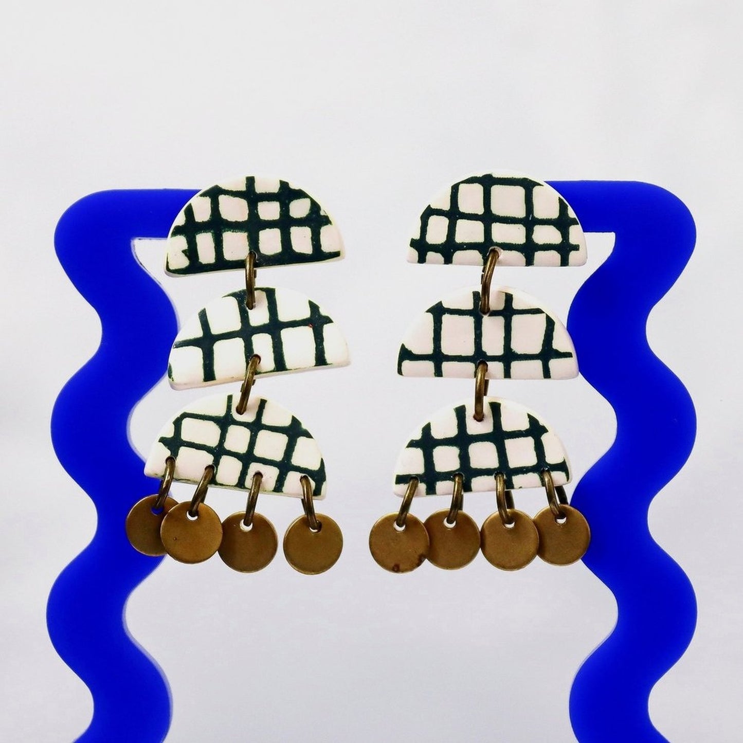 Green Checked Brass Earrings