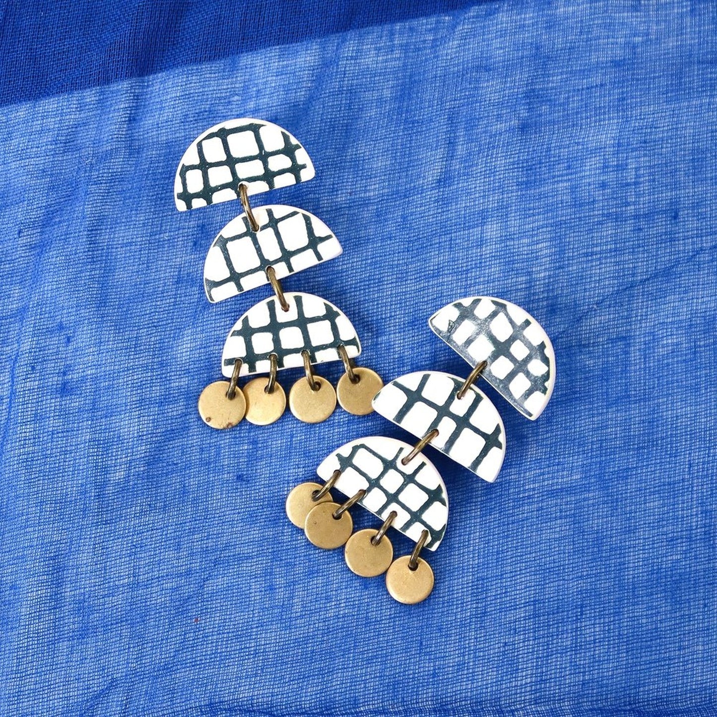 Green Checked Brass Earrings