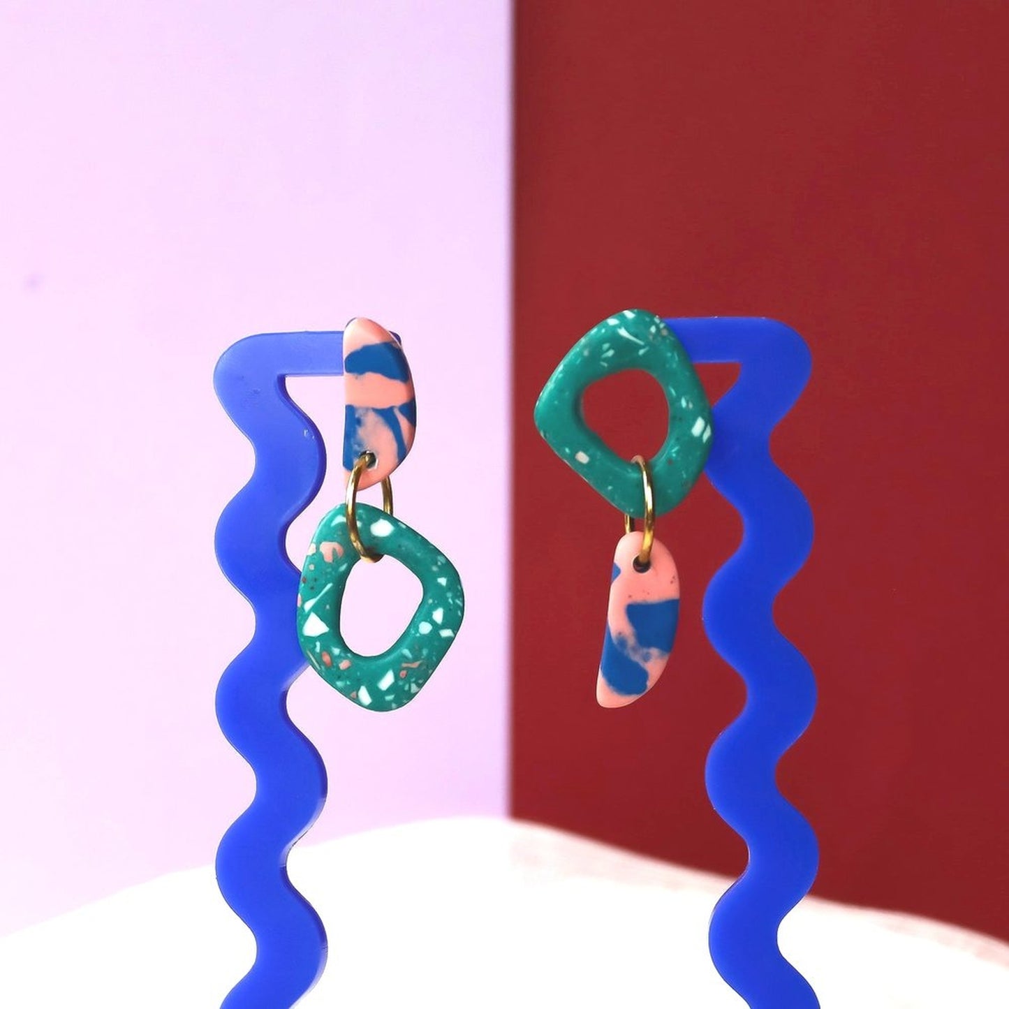 Green Jesmonite Half Moon Mismatch Earrings