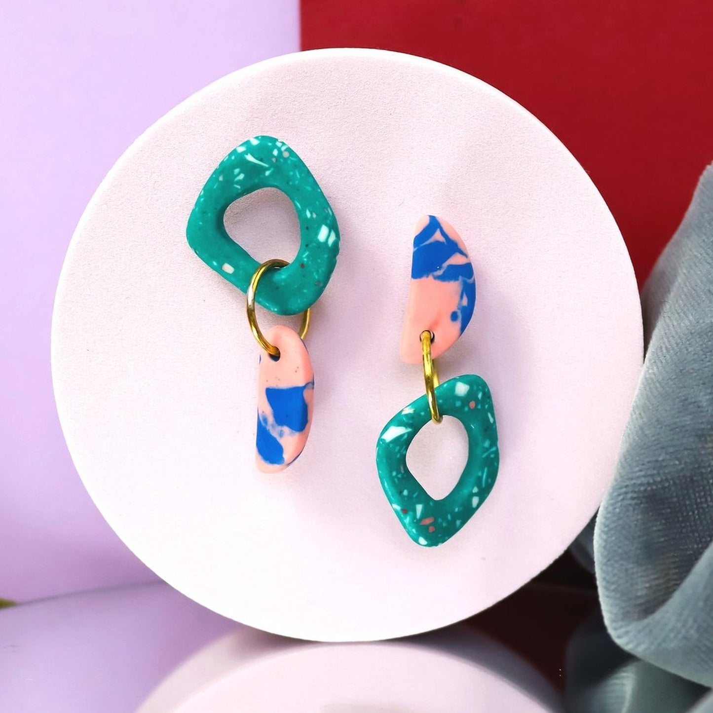 Green Jesmonite Half Moon Mismatch Earrings