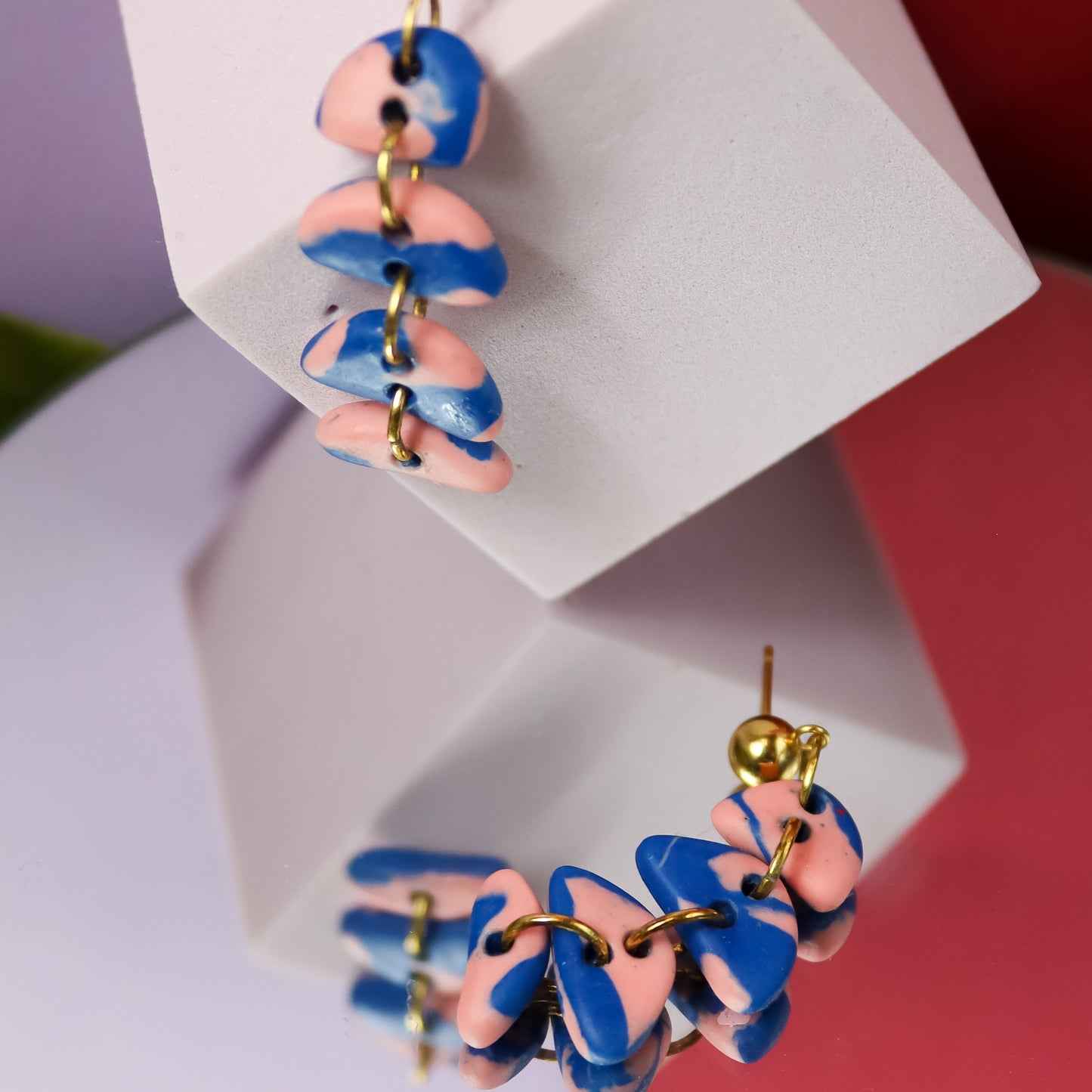 Pink And Blue Half Moon Jesmonite Dangle Earrings
