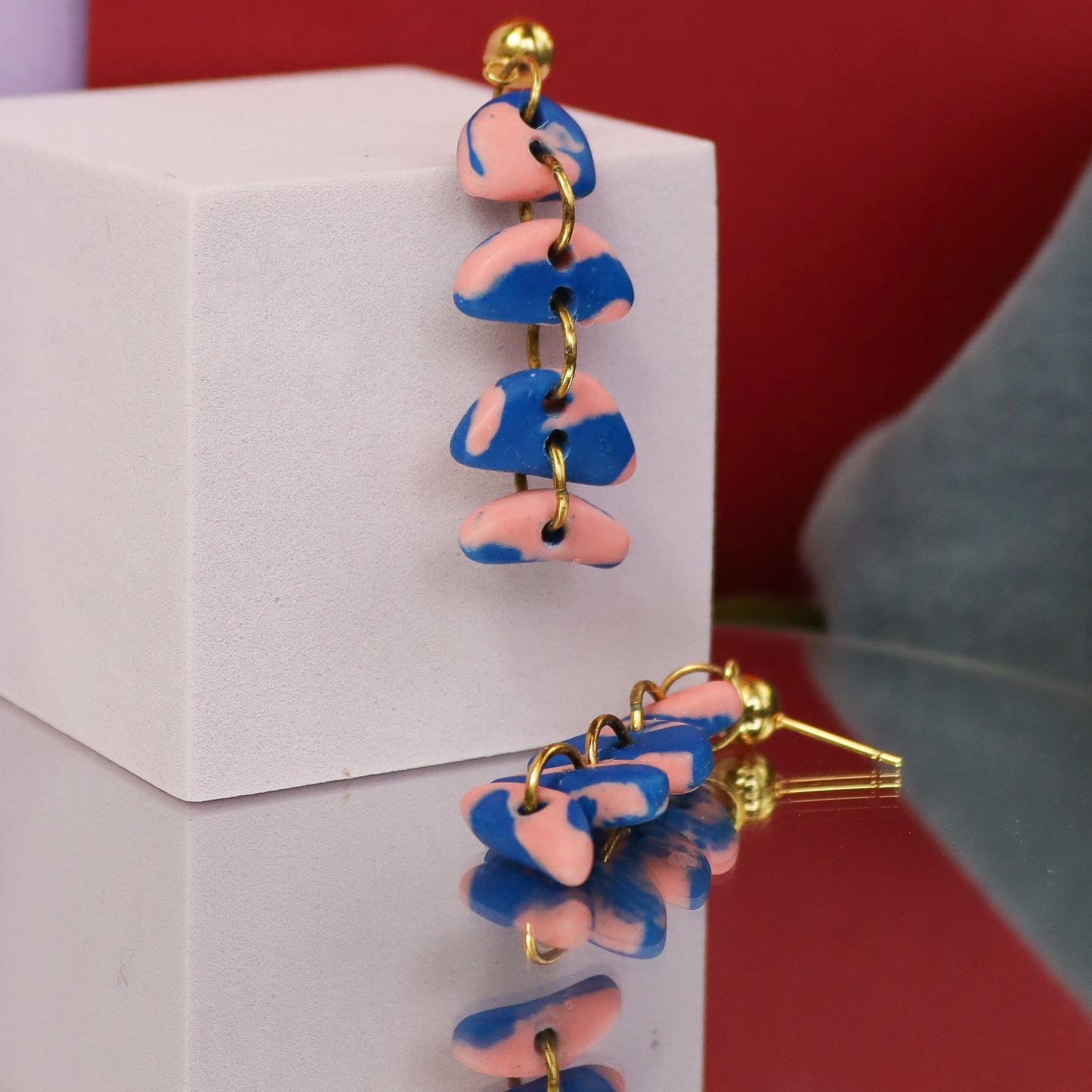 Pink And Blue Half Moon Jesmonite Dangle Earrings