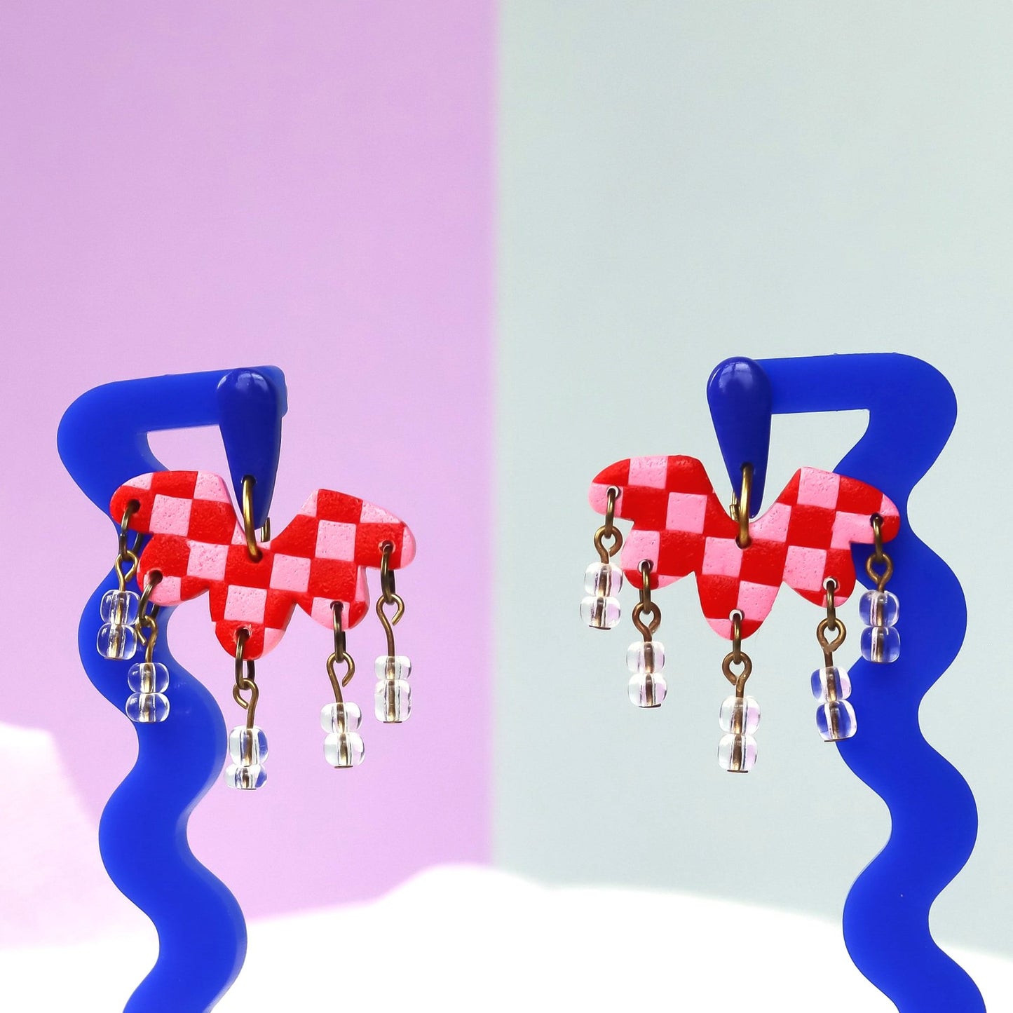 Pink And Red Checked Dangle Earrings