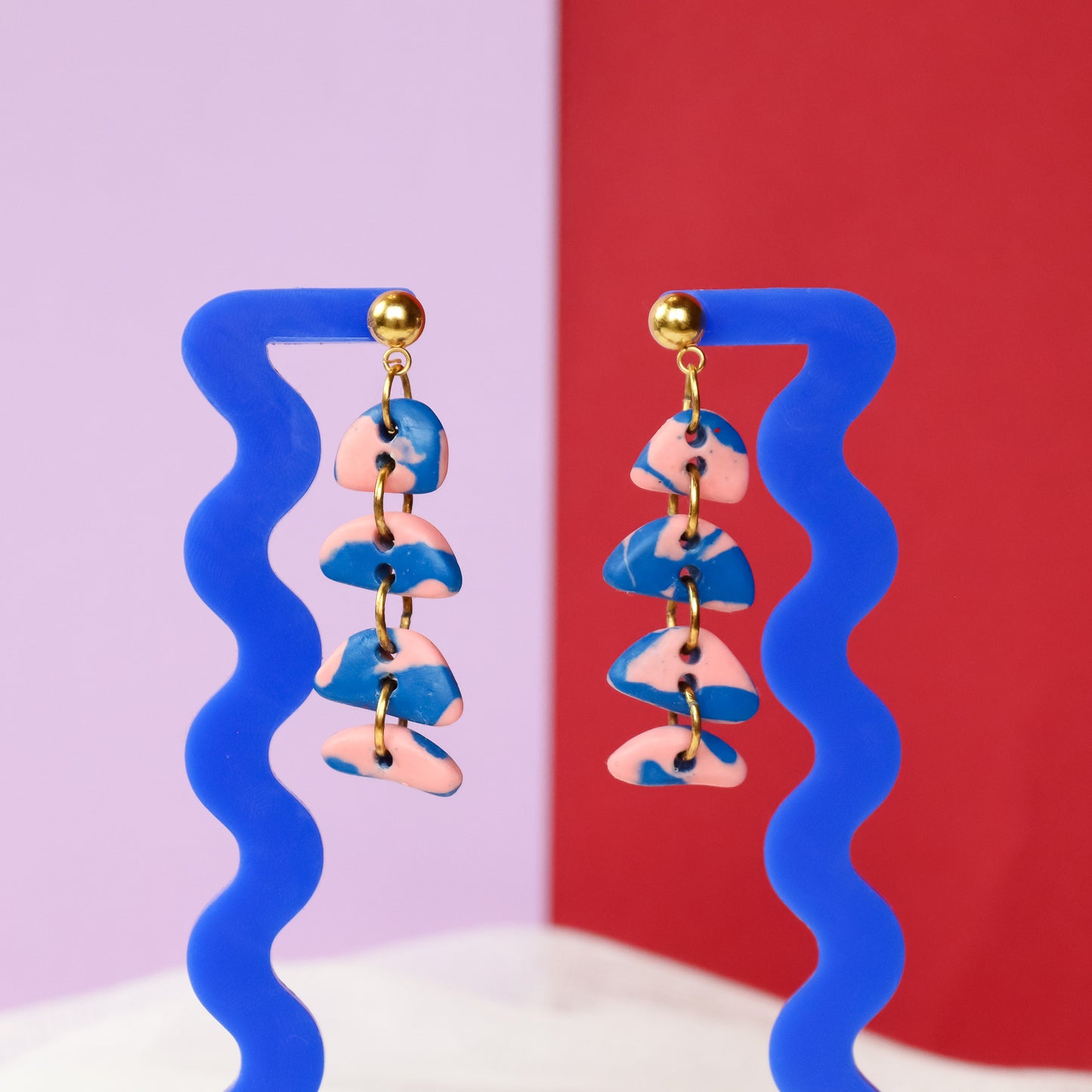 Pink And Blue Half Moon Jesmonite Dangle Earrings