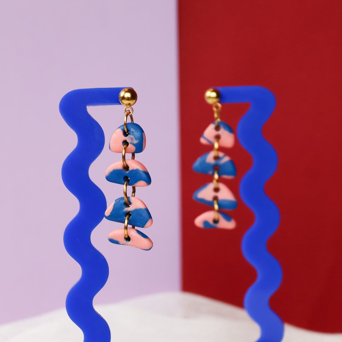 Pink And Blue Half Moon Jesmonite Dangle Earrings