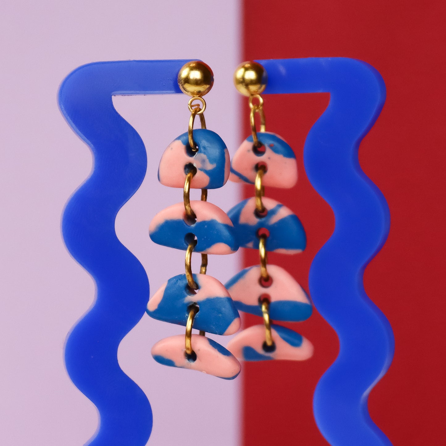Pink And Blue Half Moon Jesmonite Dangle Earrings