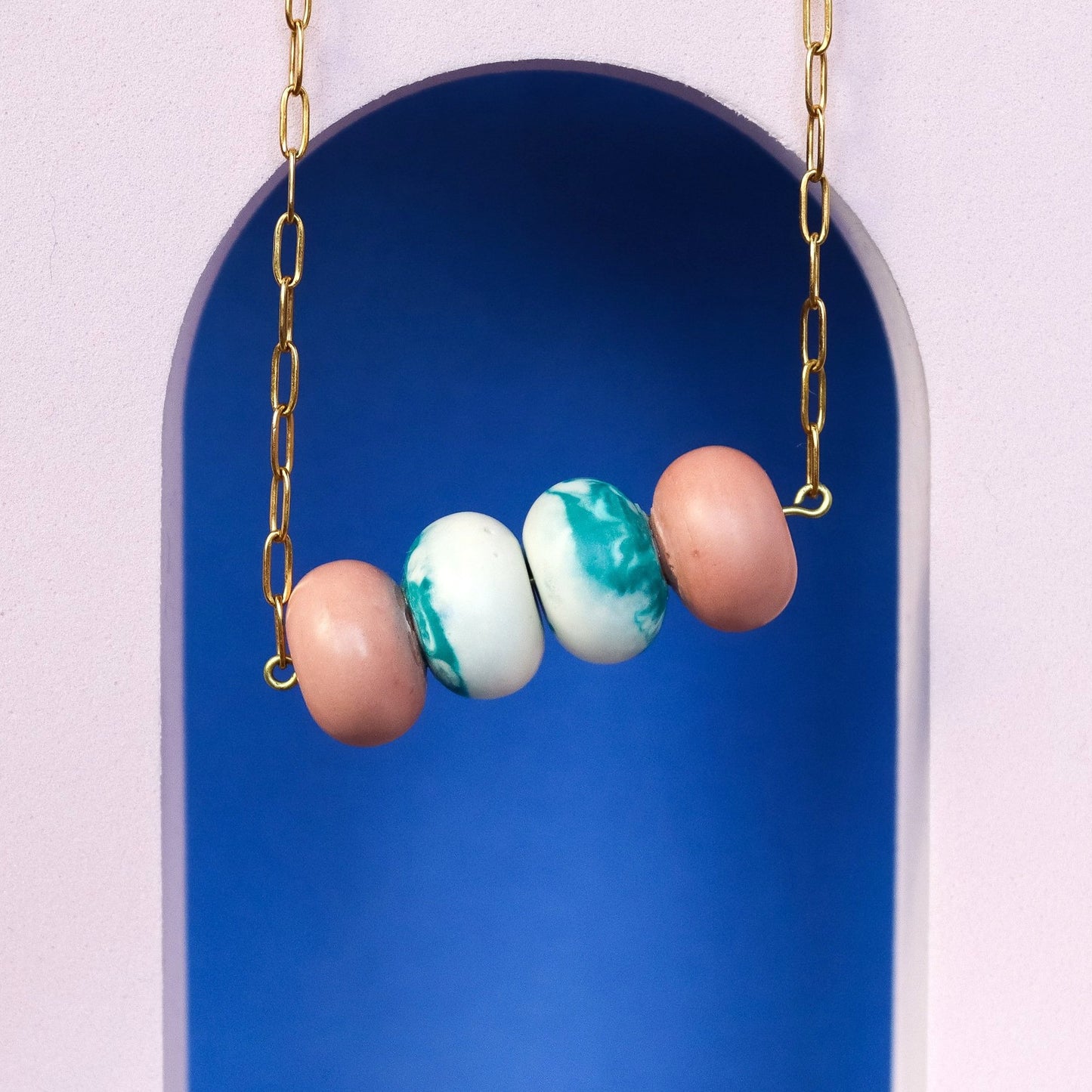 Pink And Blue Marbled Jesmonite Bead Necklace