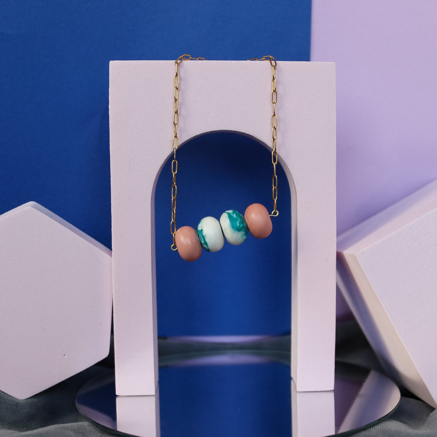 Pink And Blue Marbled Jesmonite Bead Necklace