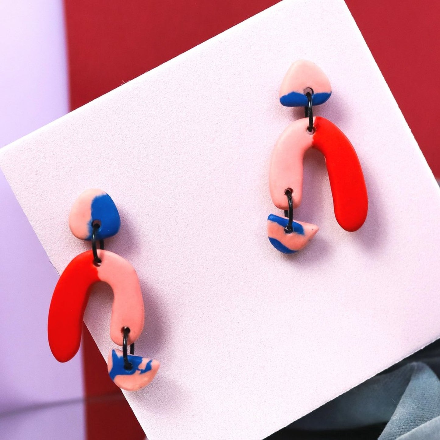 Jesmonite Arch Earrings In Pink And Red