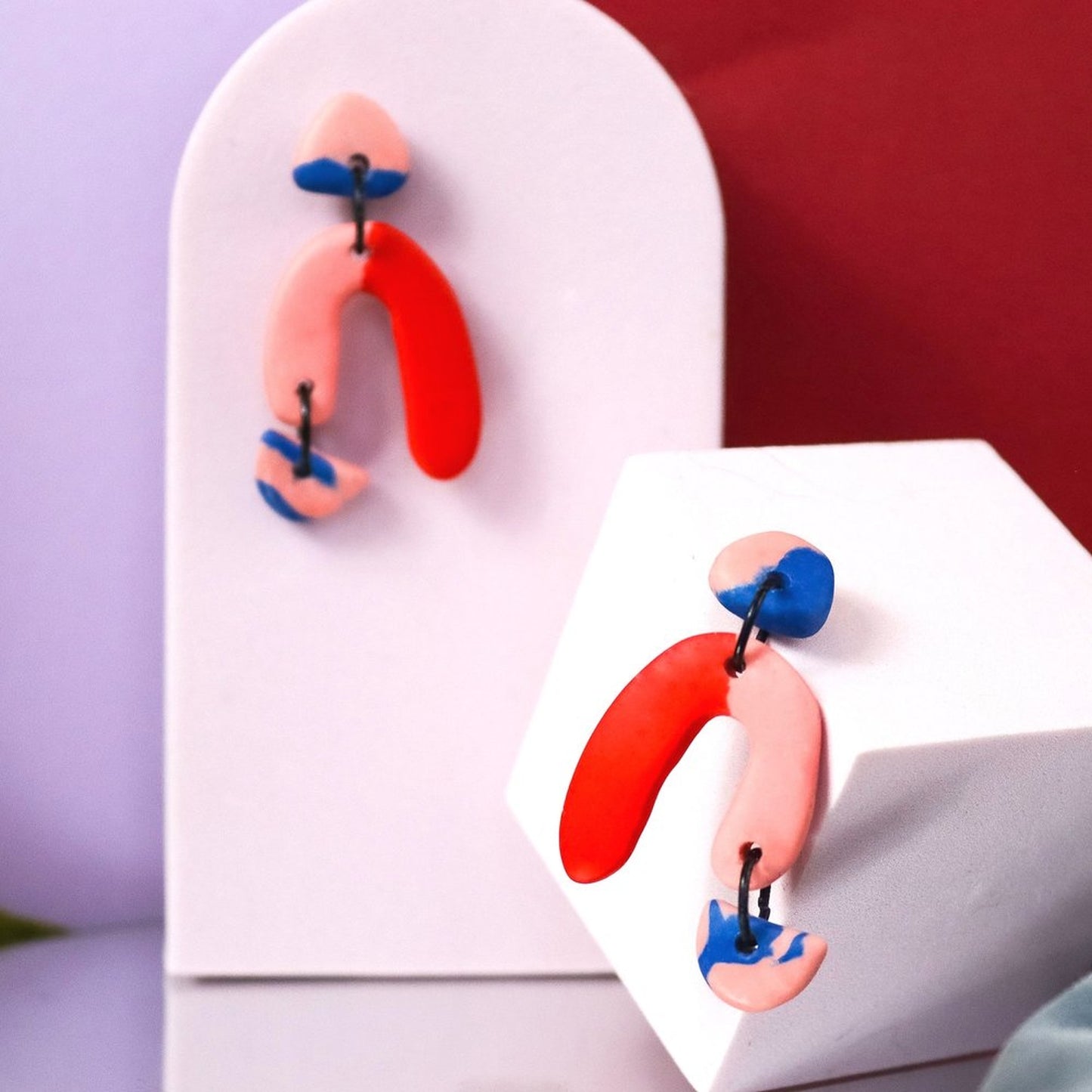 Jesmonite Arch Earrings In Pink And Red