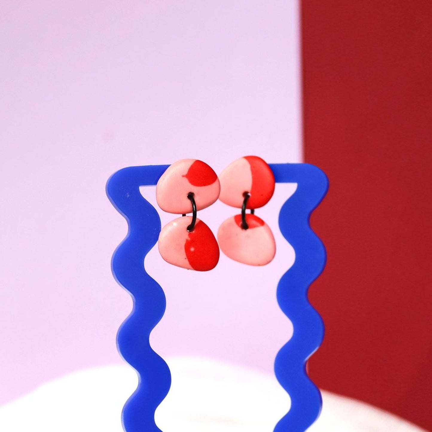 Jesmonite Mismatch Pebble Earrings In Pink And Red