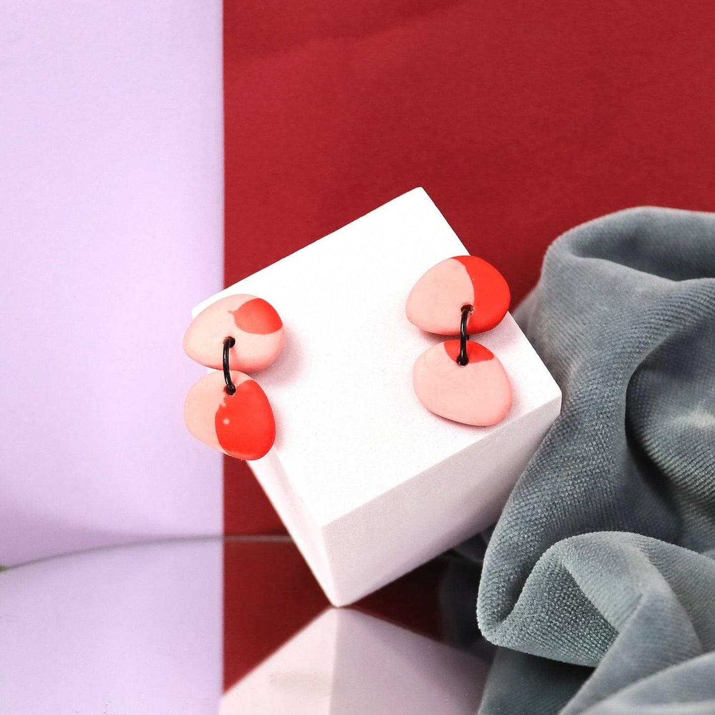 Jesmonite Mismatch Pebble Earrings In Pink And Red