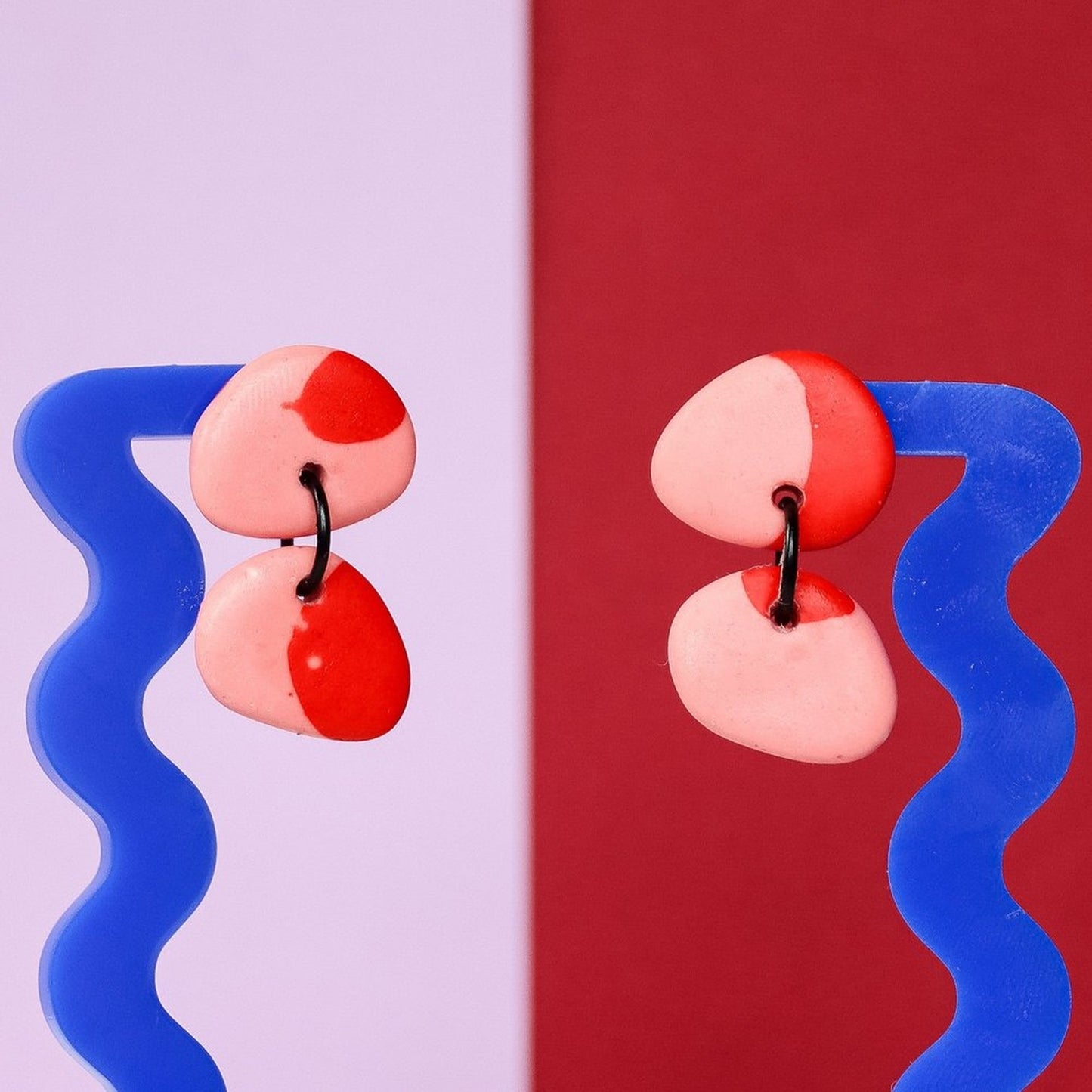 Jesmonite Mismatch Pebble Earrings In Pink And Red
