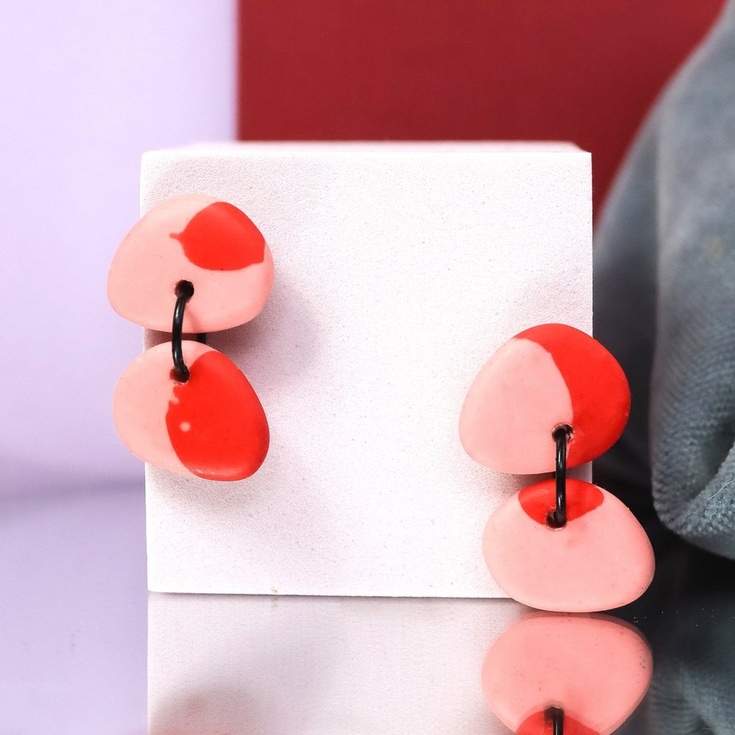 Jesmonite Mismatch Pebble Earrings In Pink And Red