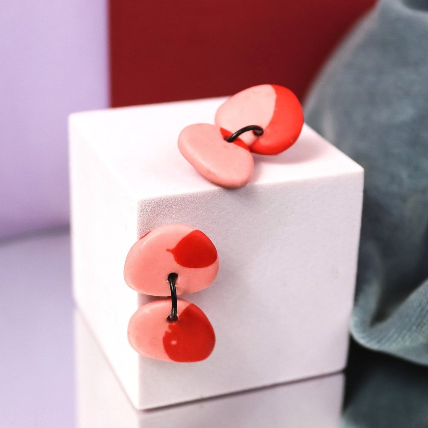 Jesmonite Mismatch Pebble Earrings In Pink And Red