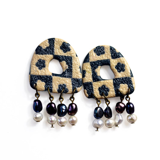 Checked Flower Statement Pearl Dangles