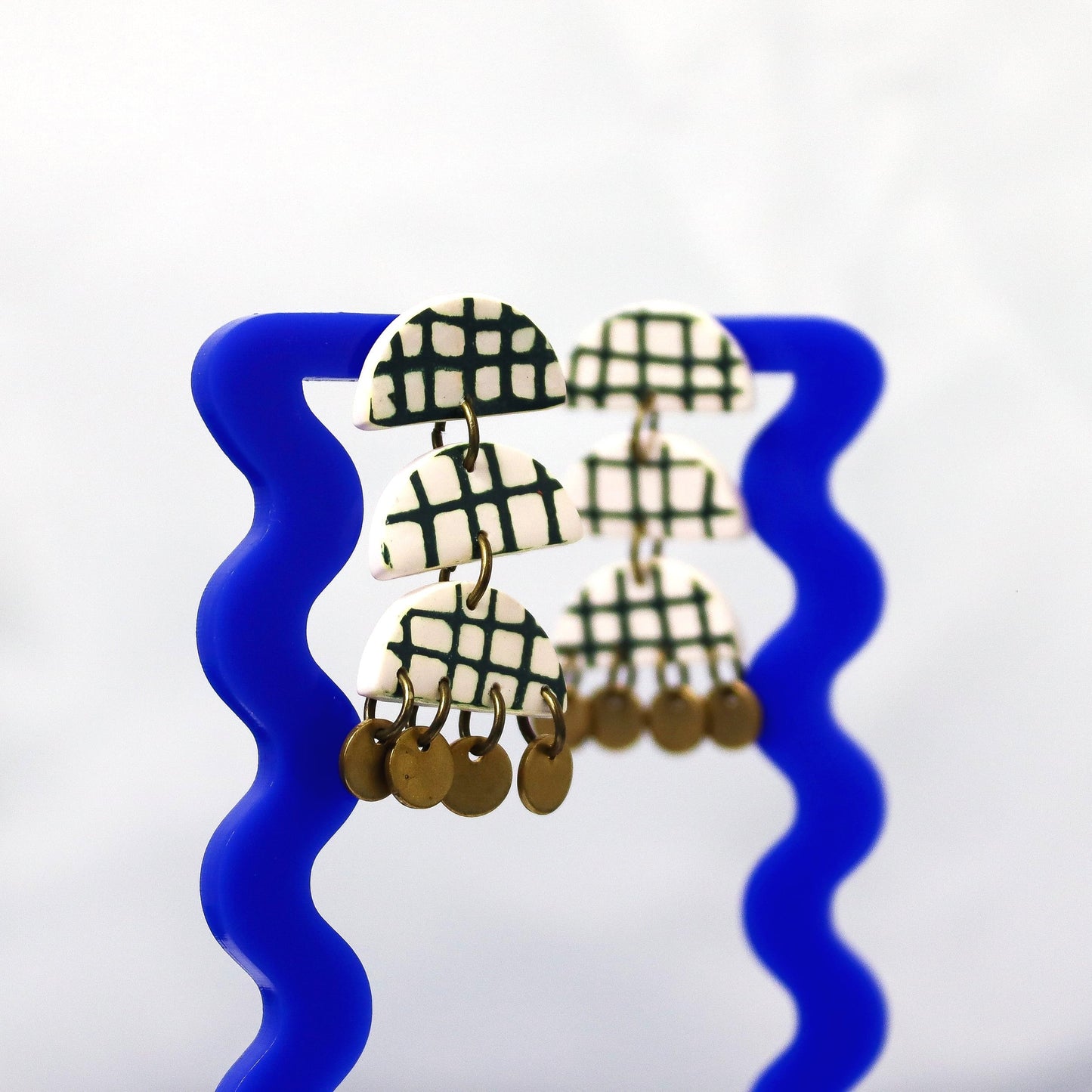 Green Checked Brass Earrings