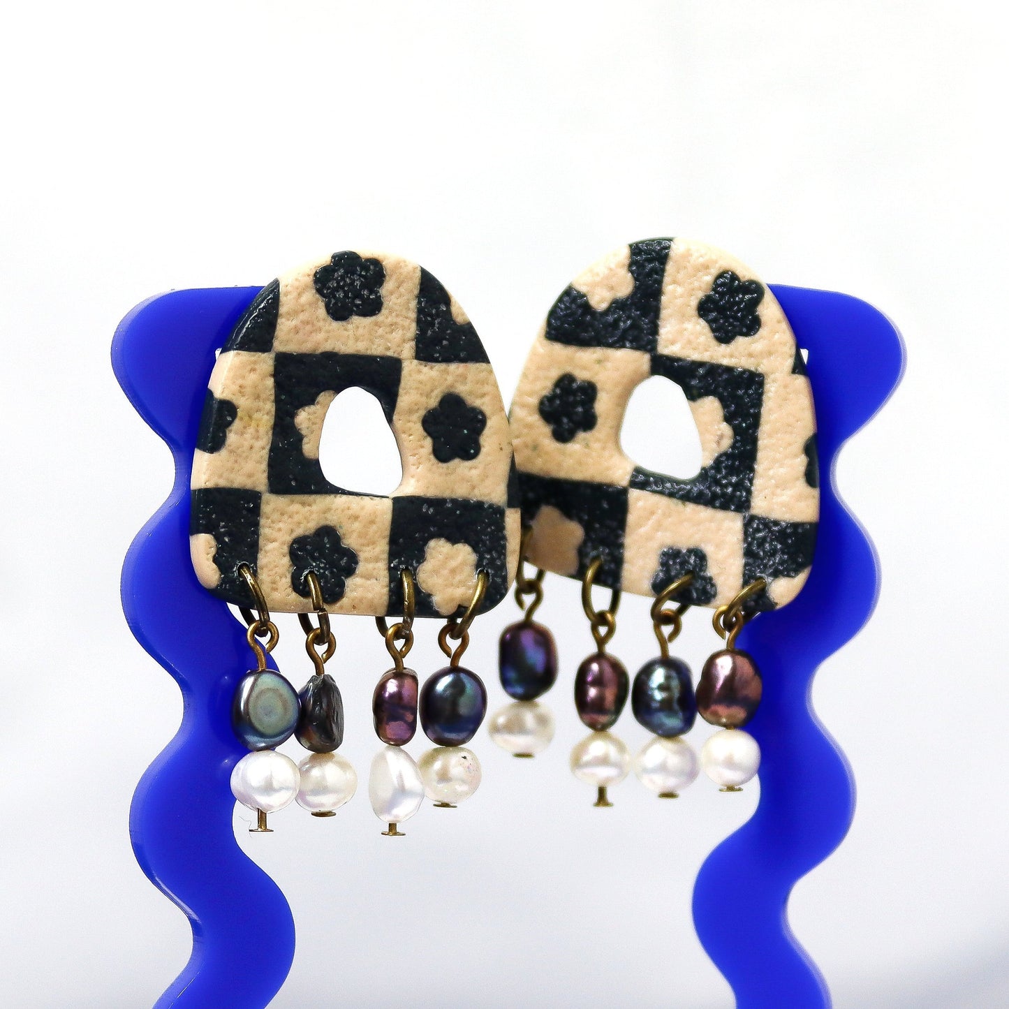 Checked Flower Statement Pearl Dangles