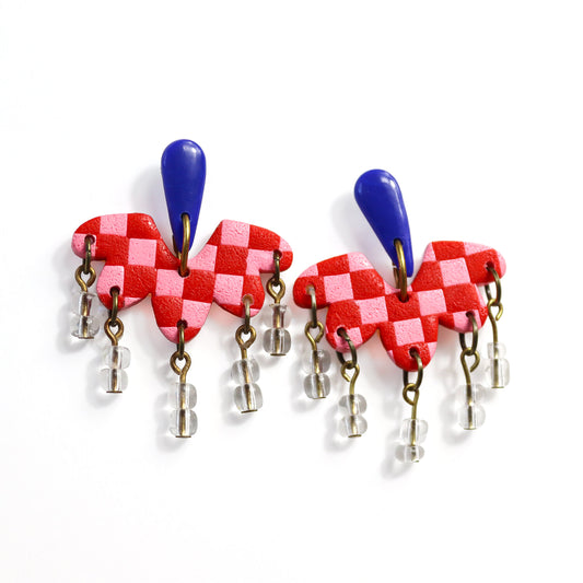 Pink And Red Checked Dangle Earrings