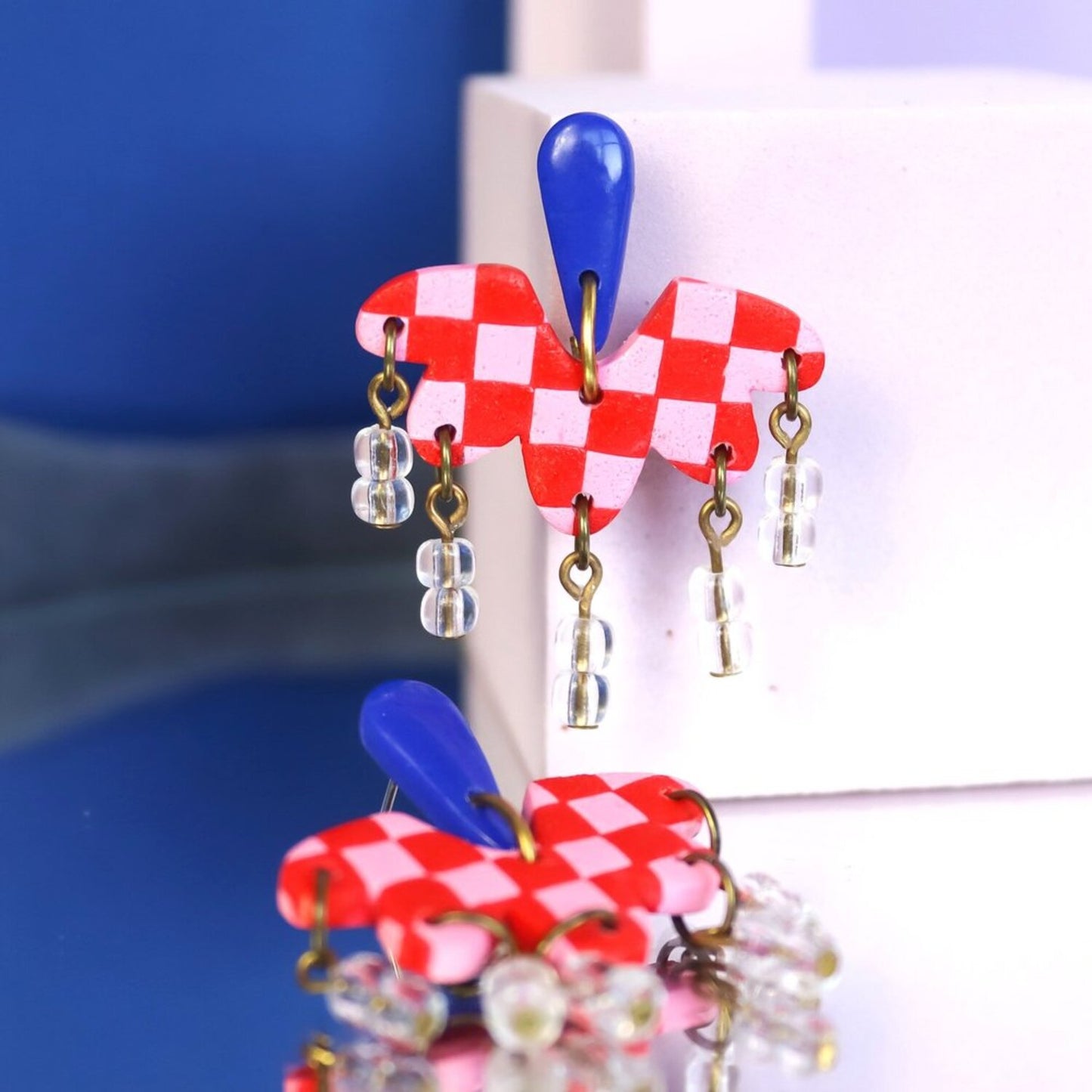 Pink And Red Checked Dangle Earrings