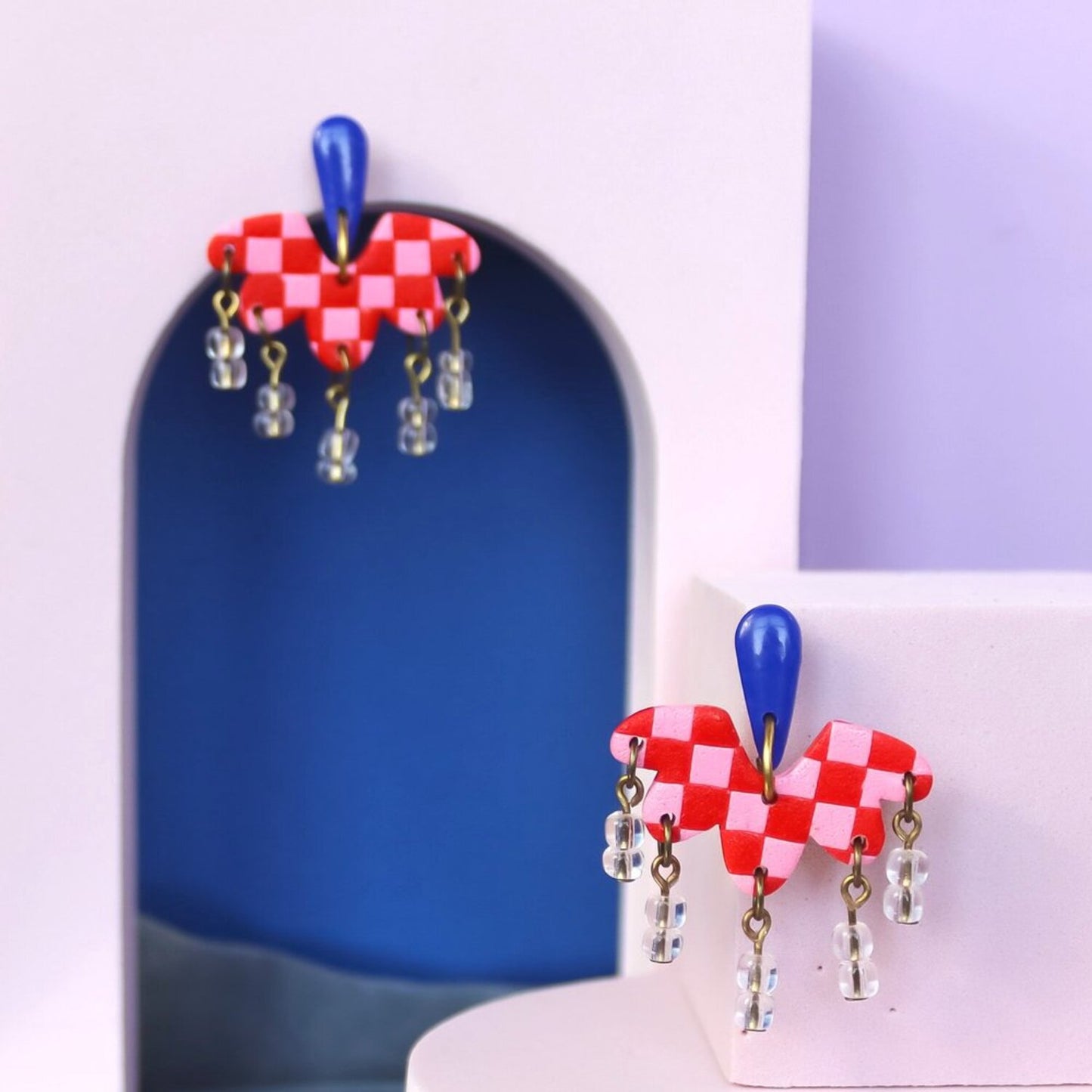Pink And Red Checked Dangle Earrings