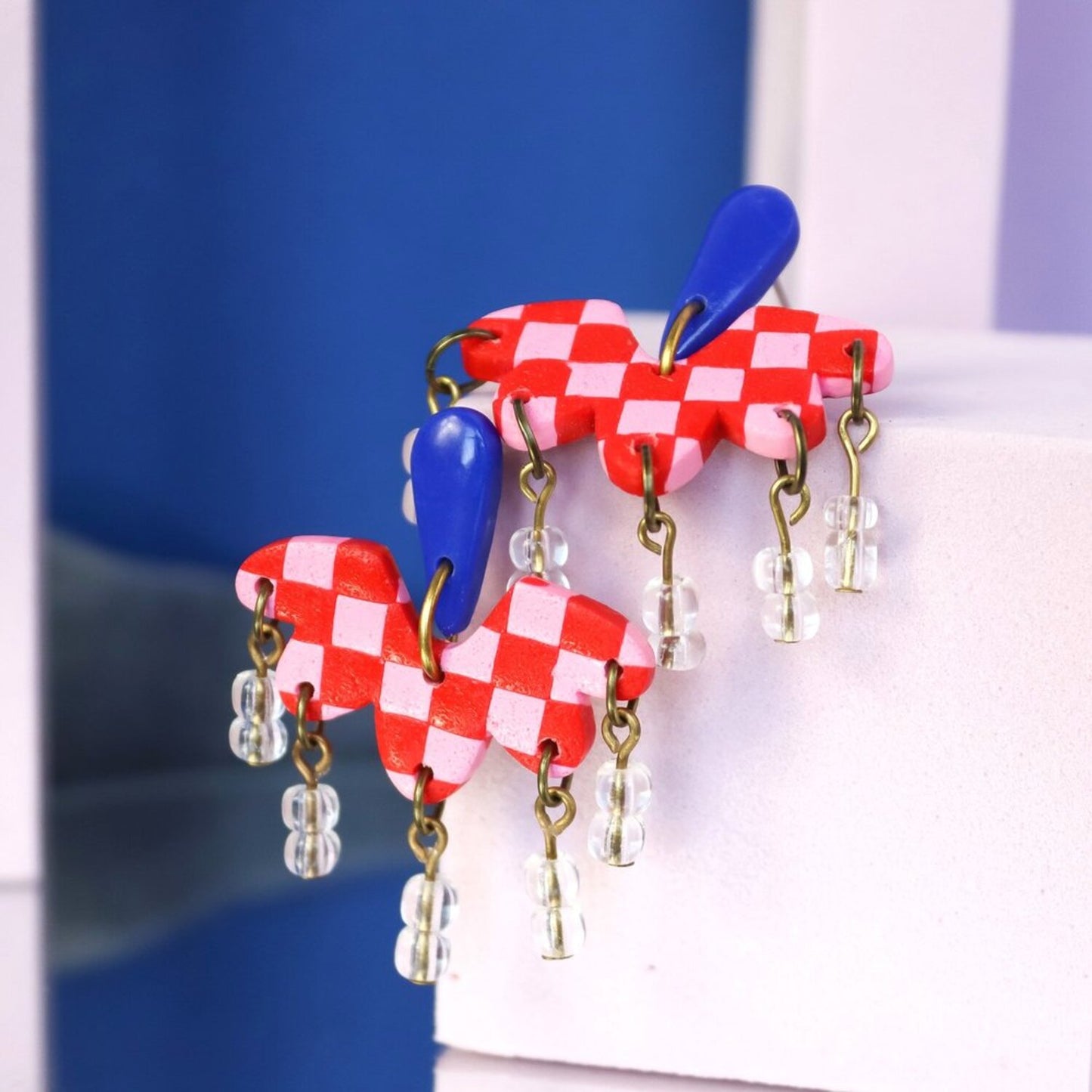Pink And Red Checked Dangle Earrings