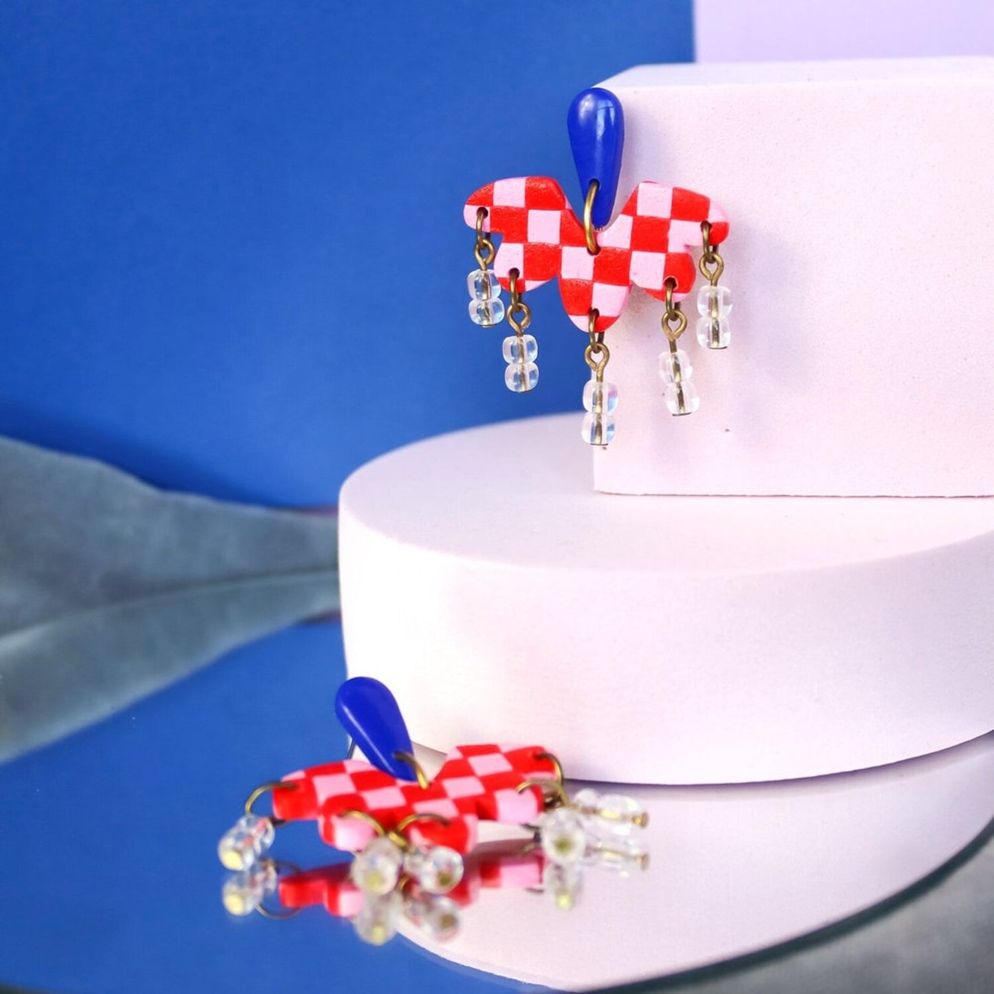 Pink And Red Checked Dangle Earrings