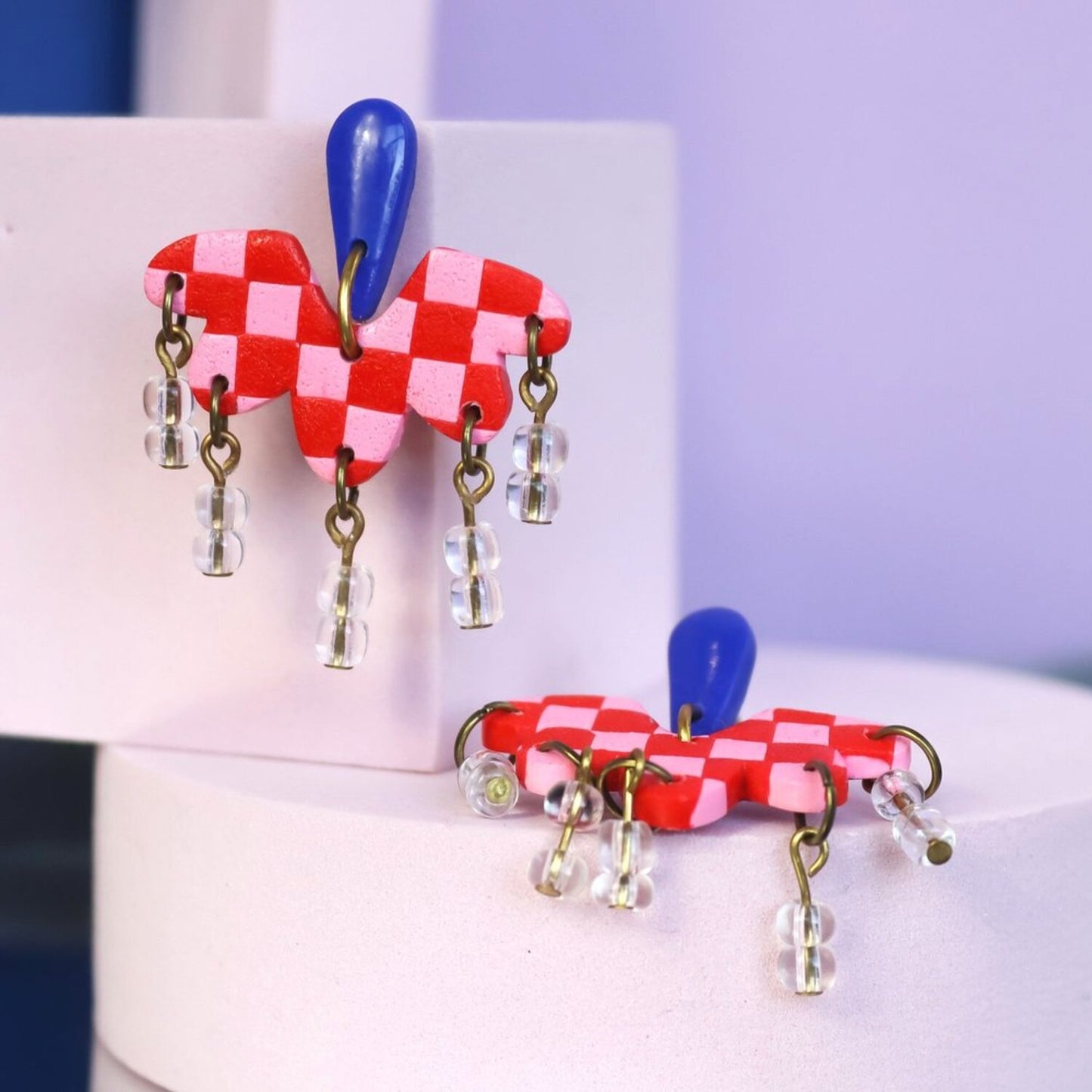 Pink And Red Checked Dangle Earrings