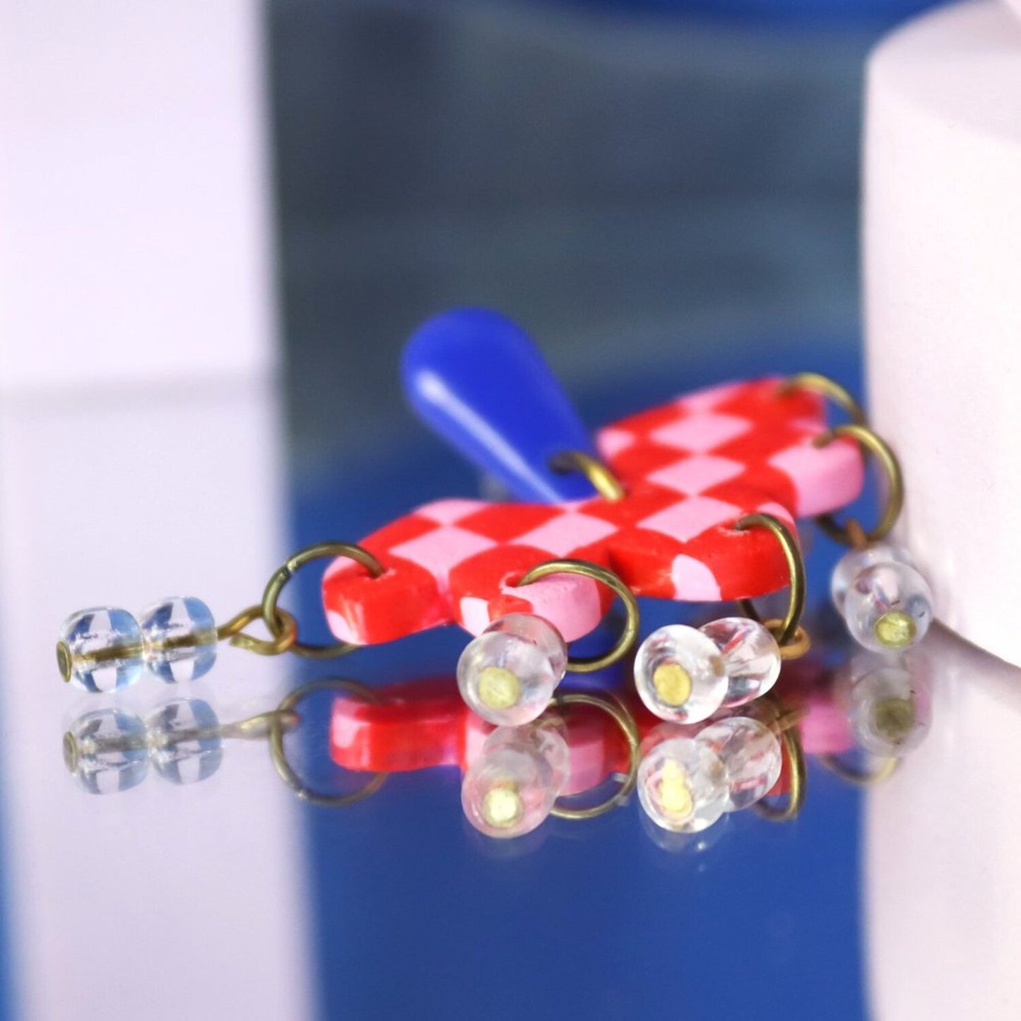 Pink And Red Checked Dangle Earrings