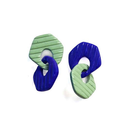 Linked Sage Green And Blue Striped Mismatch Earrings