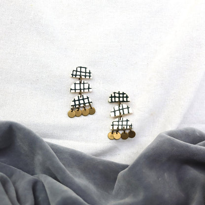 Green Checked Brass Earrings