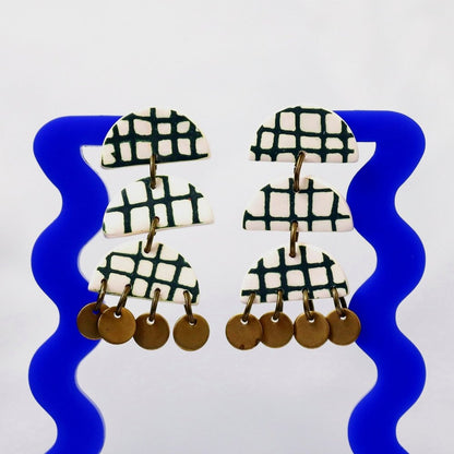Green Checked Brass Earrings