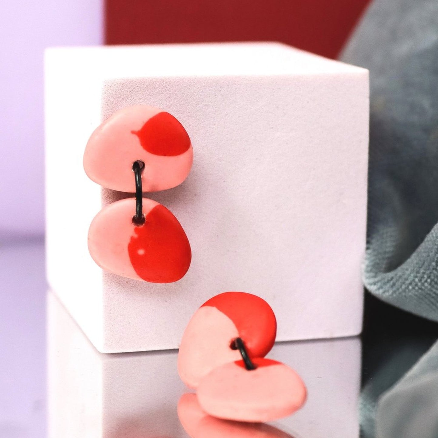Jesmonite Mismatch Pebble Earrings In Pink And Red