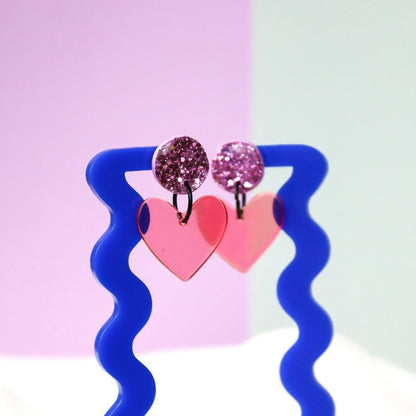 Lilac And Pink Glitter Heart Earrings